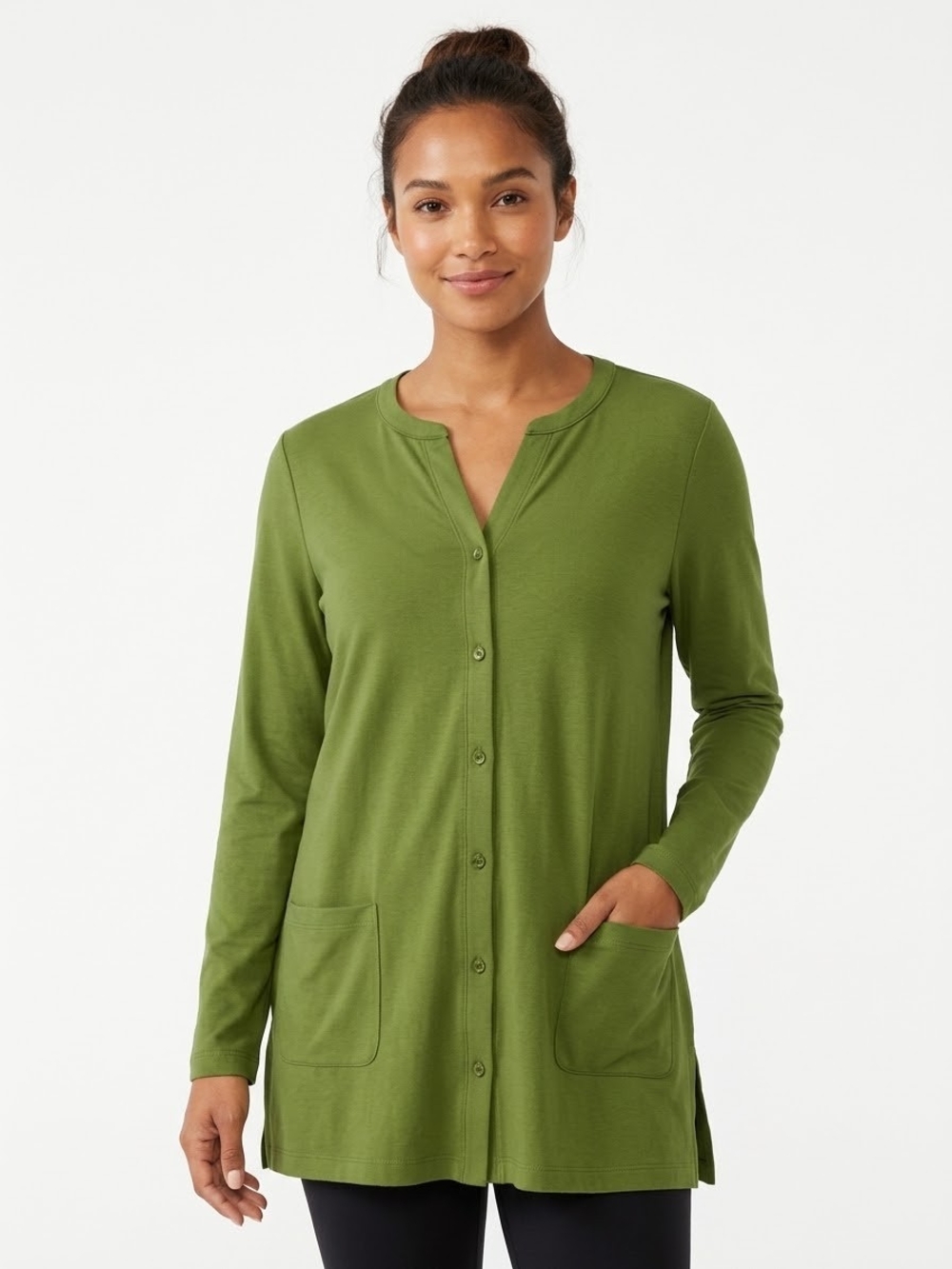 Isaac Mizrahi Olive Green Long-Sleeve Button Cardigan